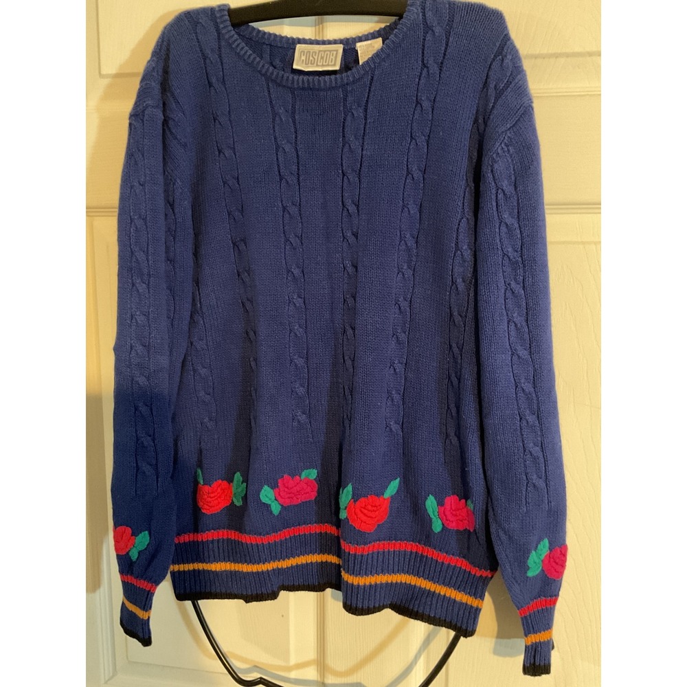 Cos Cob Vintage Blue Cable Knit Floral Rose Embroidered Sweater Womens Large‎